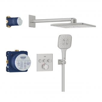 Potinkinis termostatinis dušo komplektas Grohe Smartcontrol su kvadratine galva 310, metalinė žarna nerūdijančio plieno spalva 